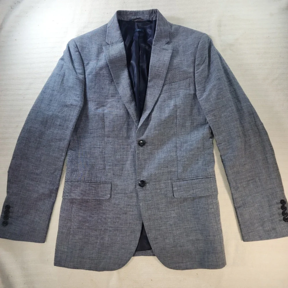 Perry Ellis Mens 38R Slim Fit Linen Cotton Blazer Blue Sport Coat PS45385